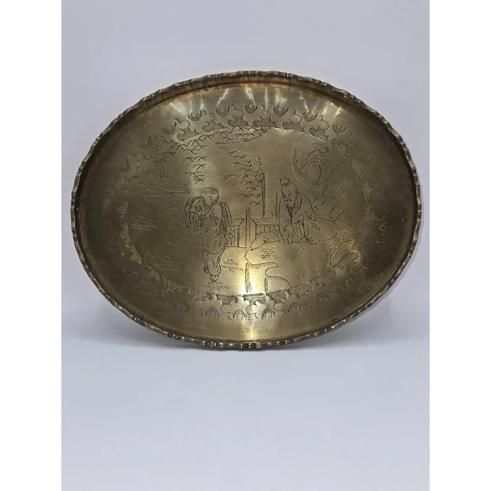 Antique Chinese Etched Brass Tea Tray with Scalloped Edge‎